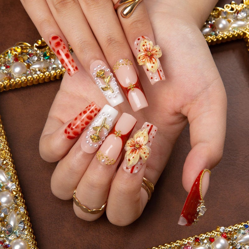 LOVFUL Press on Nails Vintage Boho Chic | Handmade with Full Covered Crystals | Reusable Full Cover Nails | Square Classic Regular 1.3 in | H365-M - Image 3